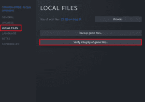 The screenshot shows how to “verify integrity of game files” for your CS:GO install 